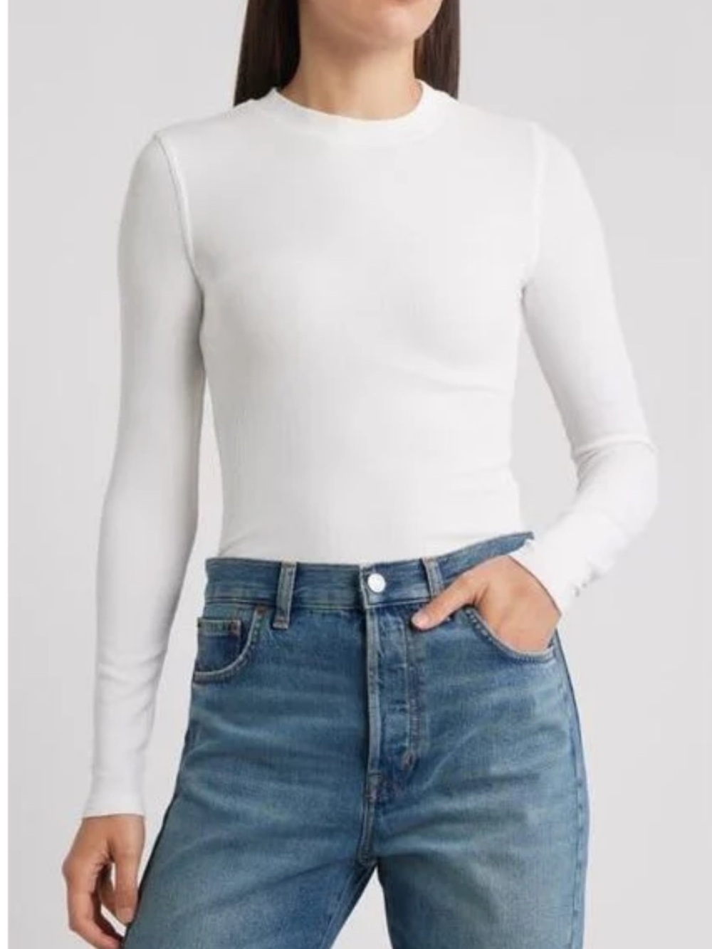 Frame Denim White Long-Sleeve Ribbed Crew Top